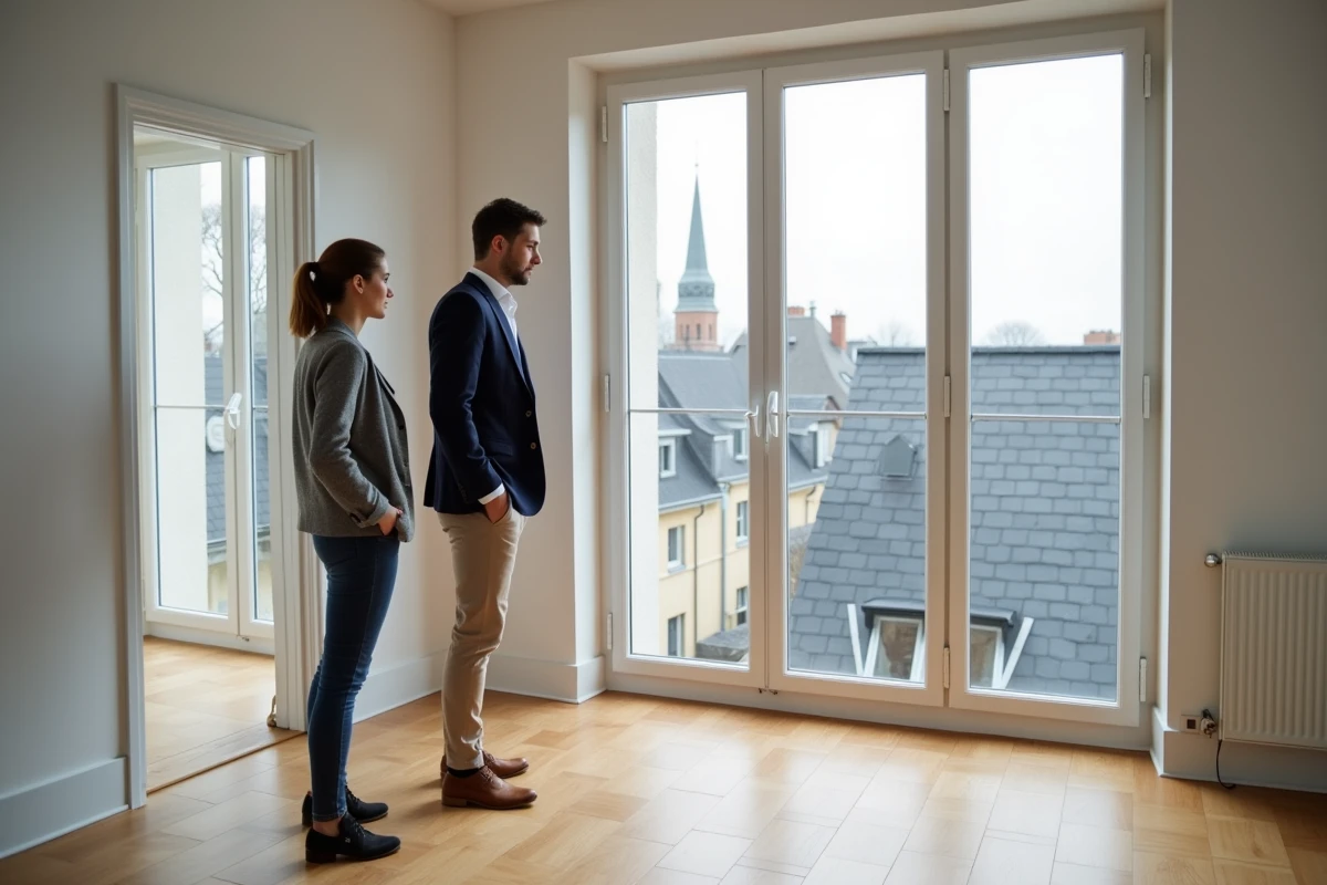 Agente immobilière faisant visiter un appartement lumineux à un jeune acheteur dans une ville normande en bord de mer