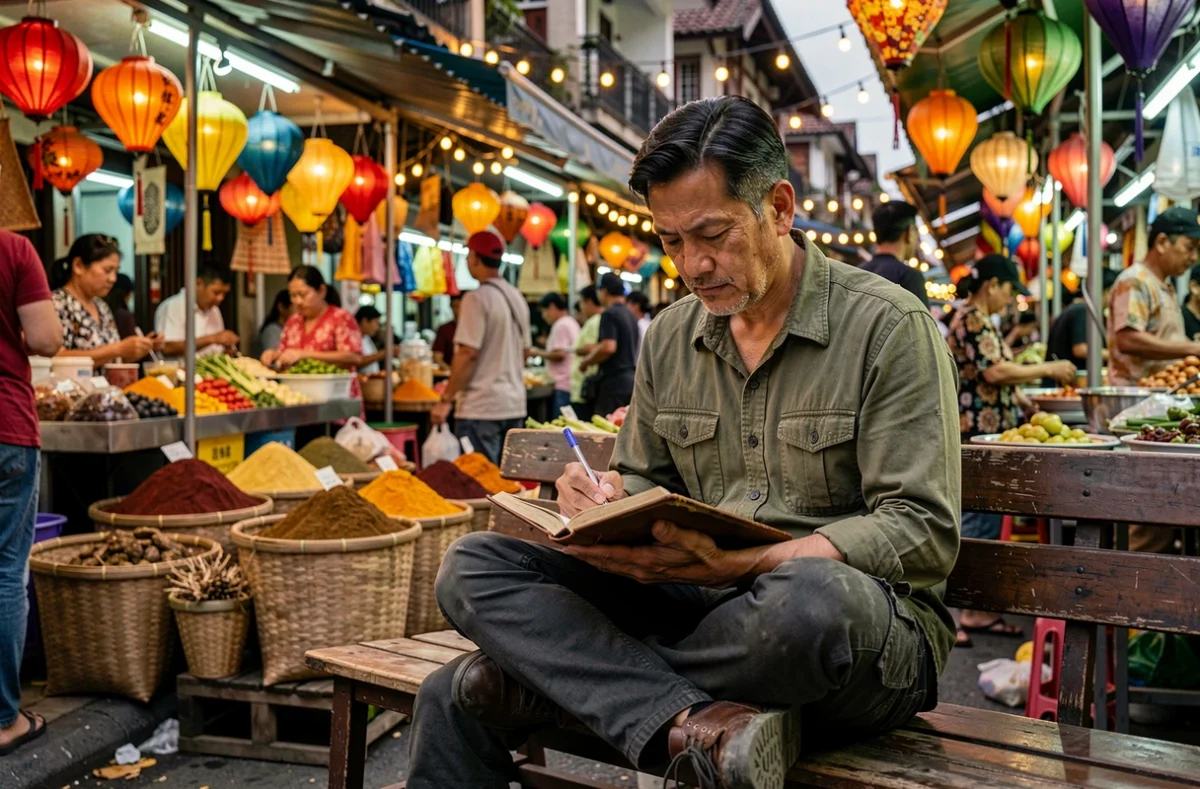 Voyageur prenant des notes dans un carnet dans un marché de rue animé en Asie du Sud-Est